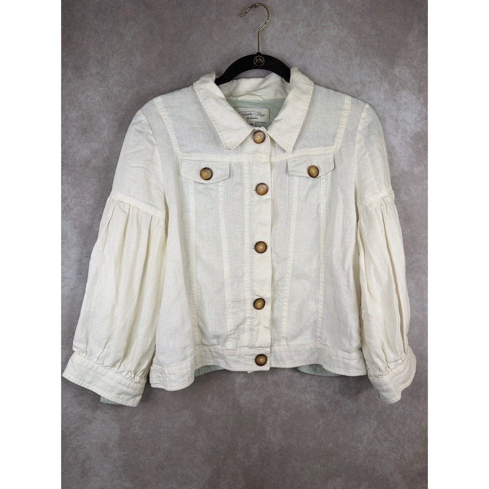 Tasha Polizzi Jacket Womens Medium Cream White Linen Puff Sleeve Western Button